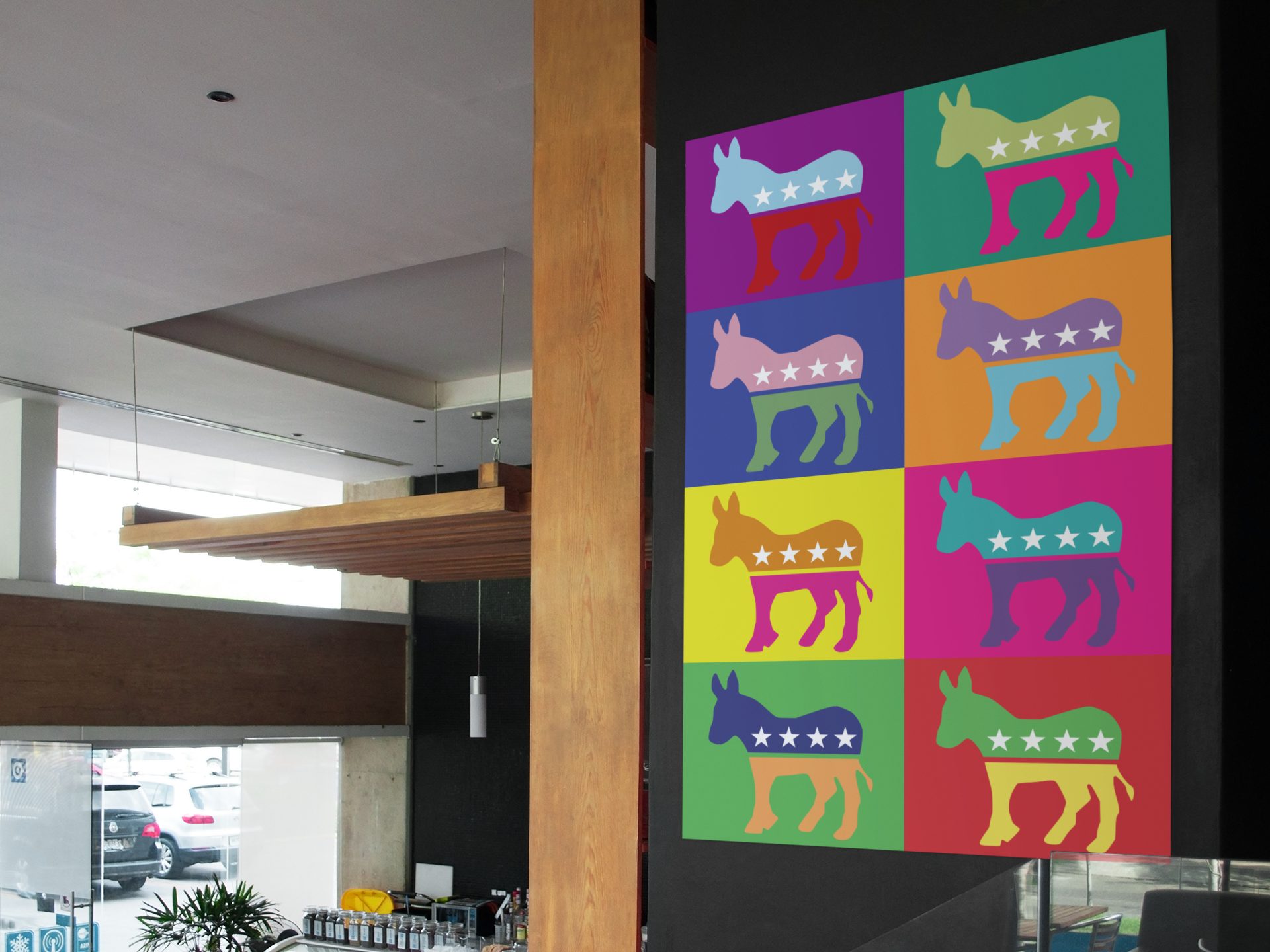 A Pop Art Donkey Poster hanging up on a wall in a coffee shop- So Right They’re Wrong. So Right They’re Wrong. So Right Their Wrong.